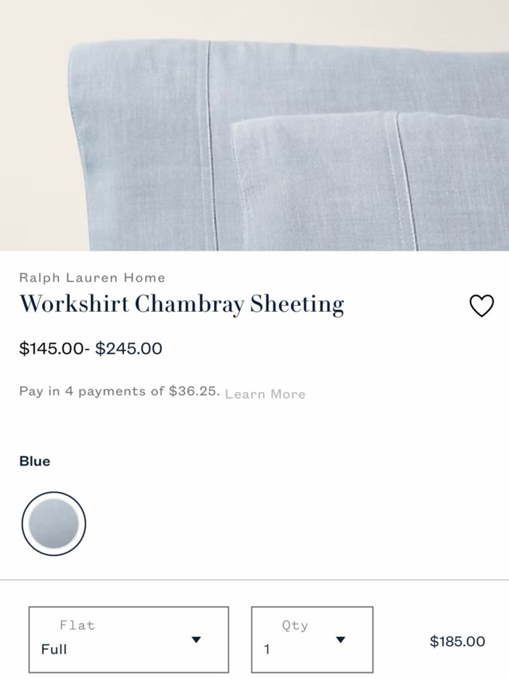 Ralph Lauren Home Workshirt Chambray Full Flat Sheet
